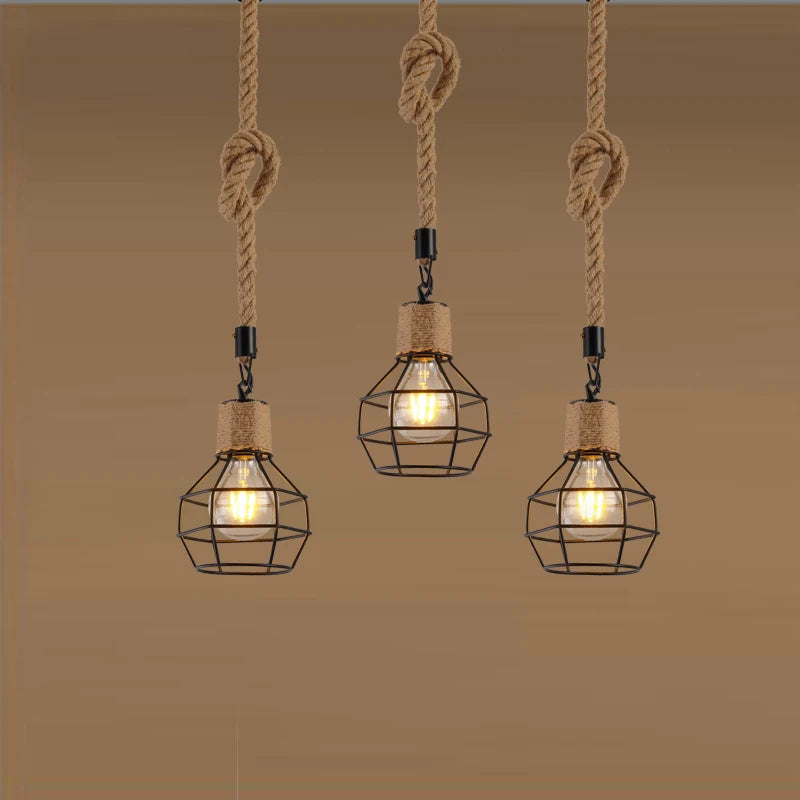 RoyaleGlow Vintage Hemp Rope Chandelier – Rustic Pendant Lamp for Dining & Cafe - Hanging Wire