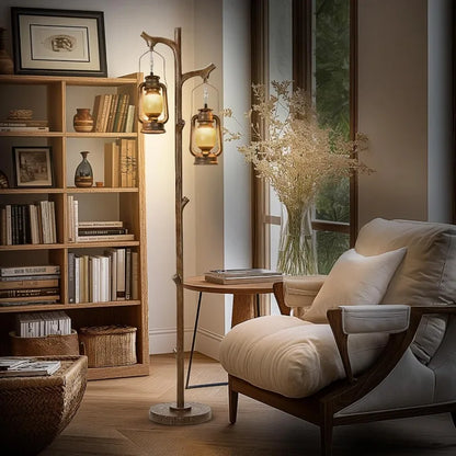 Vintage Dimmable Floor Lamp with Rustic Lantern Design and Stepless Dimming