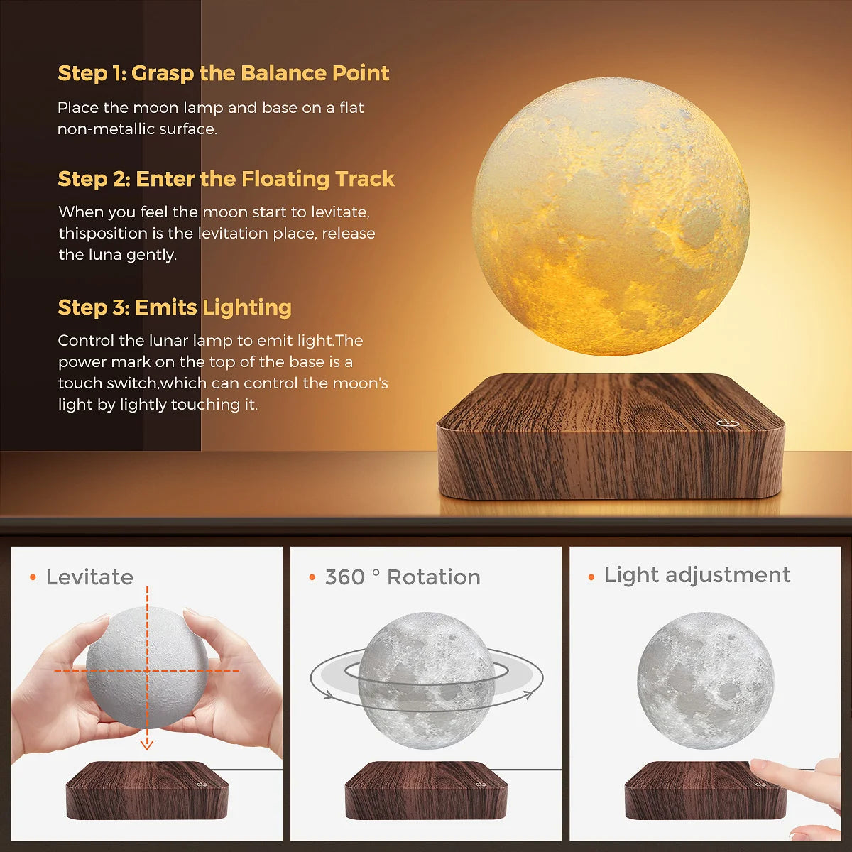 Levitating Moon Lamp – 3-Color Floating LED Light for Home & Office Décor