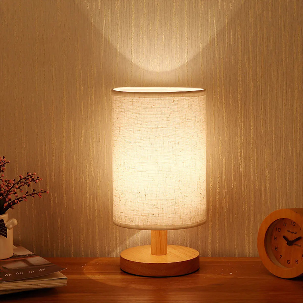 Royaleva USB Bedside Table Lamp with Wooden Base and Cylinder Shade - A