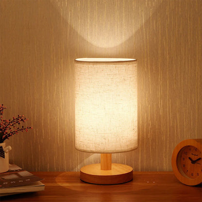 Royaleva USB Bedside Table Lamp with Wooden Base and Cylinder Shade - A