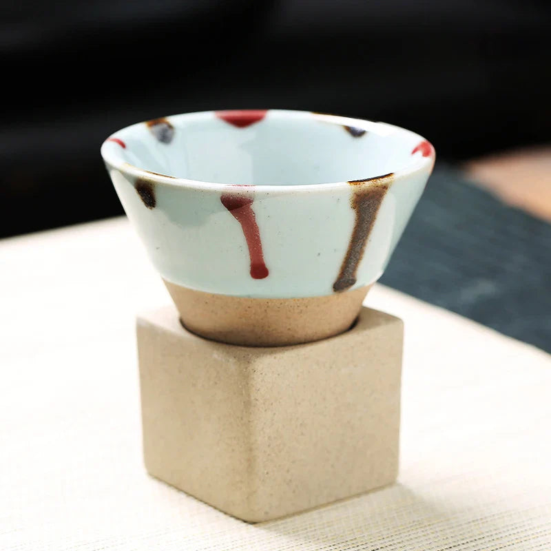 Royaleva Vintage Espresso Cups - Handcrafted Cone Shape with Ceramic Holder - White Paint Drip