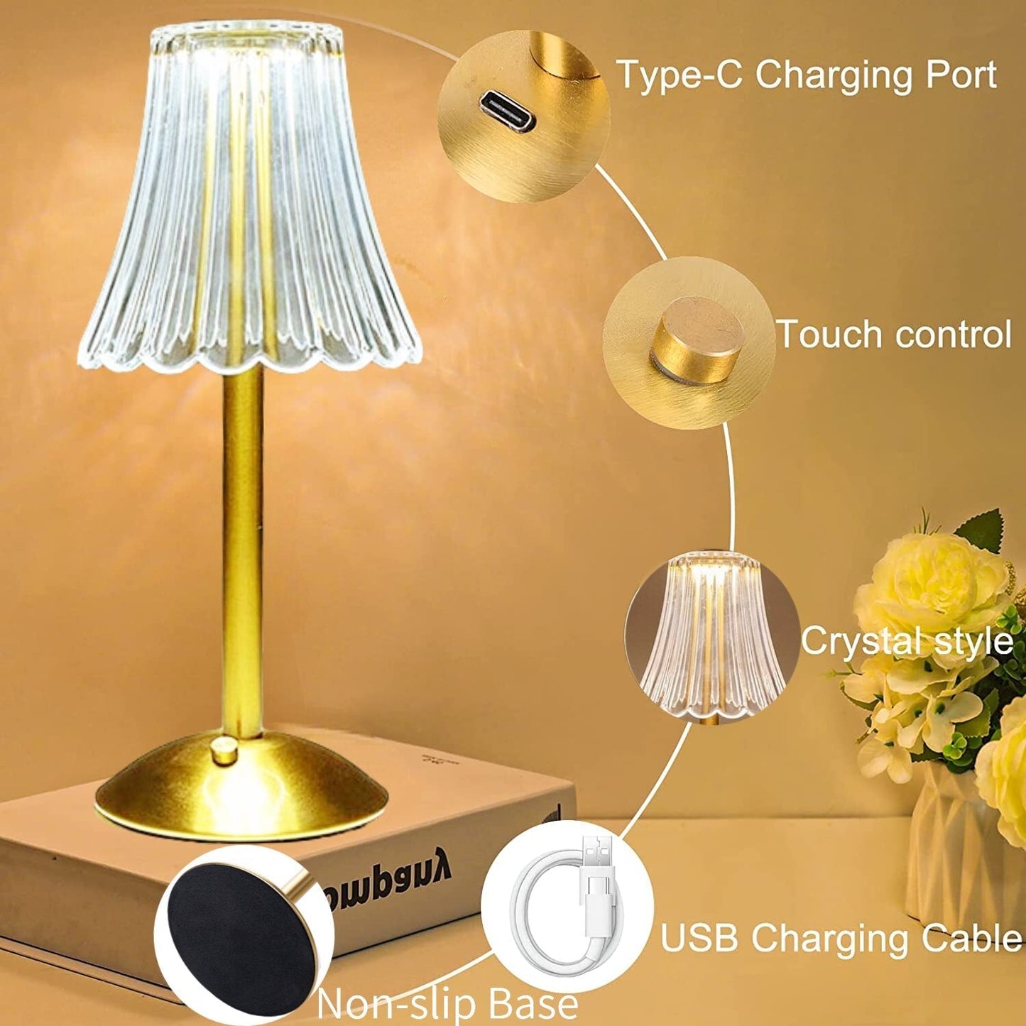 Iris Rechargeable LED Table Lamp – Elegant Gold Wireless Lamp with Built-in Dimmer