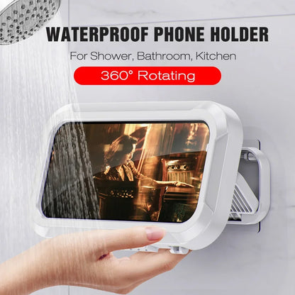 Waterproof rotating shower phone holder with adjustable angle and wall-mount design for bathrooms and kitchens.