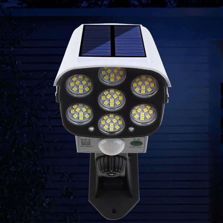 Solar-powered simulated surveillance camera with LED lights, IP65 weather resistance, providing affordable security deterrence for homes and businesses.