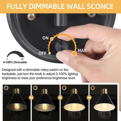 Dimmable Plug-in Metal Wall Sconce - Adjustable Angle Bedside Lamp