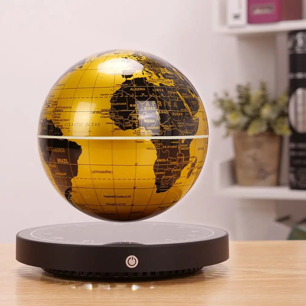 Levitating magnetic globe with LED lighting, floating rotating Earth design, perfect for home decor or novelty gifts.