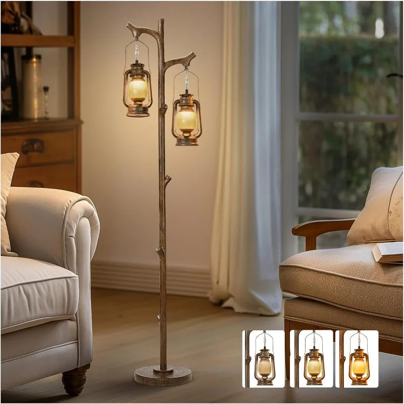 68-inch vintage floor lamp with classical lanterns and rustic tree trunk design, ideal for cozy indoor lighting.