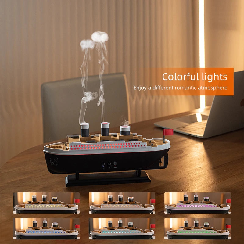 Essential Oil Diffuser in a ship model design with colorful LED lights and cool mist technology, perfect for relaxation and décor.