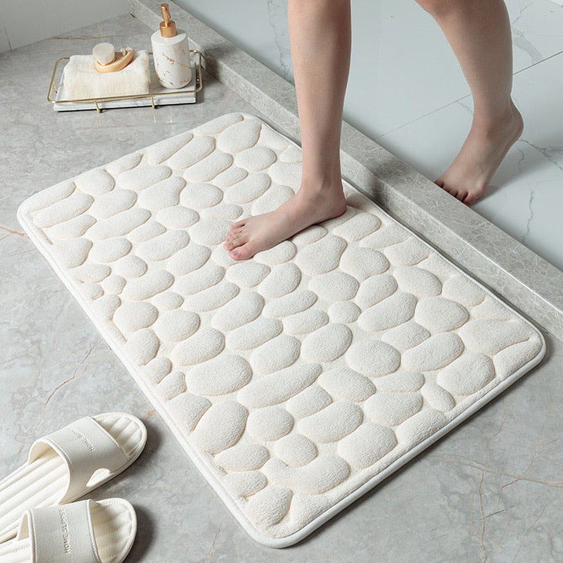 Royaleva Embossed Non-Slip Bathmat - Memory Foam Cobblestone Design for Ultimate Comfort - White / 16" x 24"