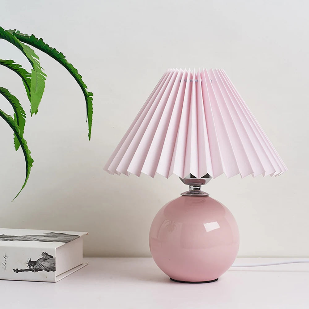 Vintage pleated table lamp with ceramic base and tricolored LED bulb, ideal for bedroom night light decor