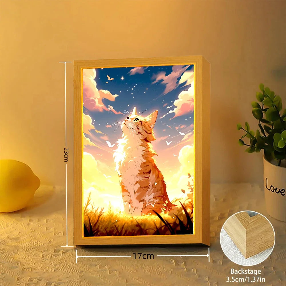 RoyaleGlow Cat LED Night Light Frame - Adorable 3-Color Dimmable Painting Lamp