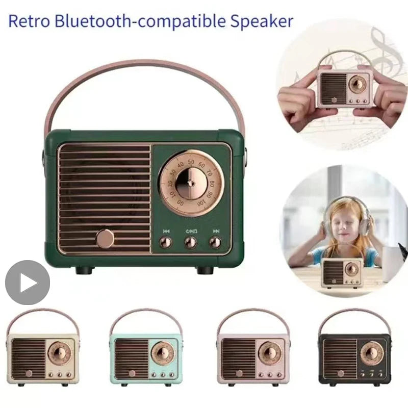 Portable Bluetooth speaker with retro design, featuring Bluetooth 5.0, U-disk, TF card, and AUX input for versatile music playback.