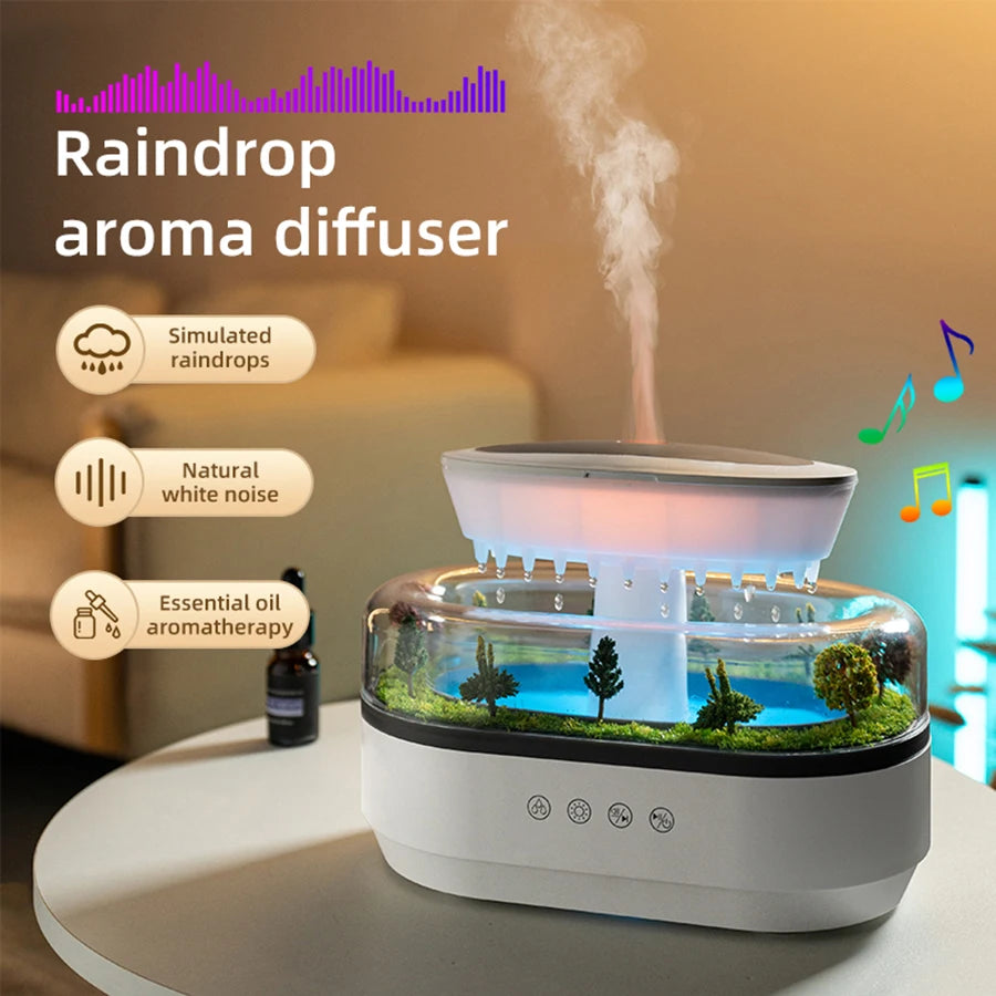 Raindrop Aromatherapy Diffuser with simulated raindrops, forest green landscape, and essential oil diffusion for home relaxation.