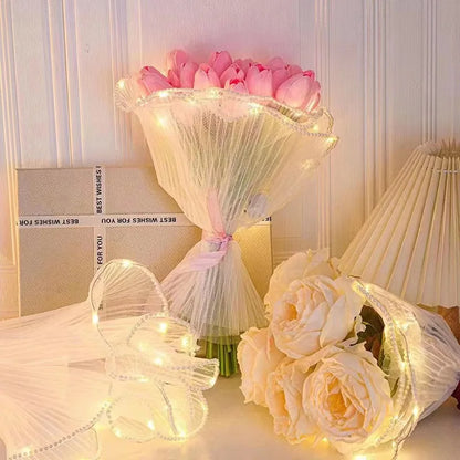 LED Flower Bouquet Wrapper featuring warm white lights embedded in soft organza tulle, perfect for bouquets, gifts, and decorative projects.