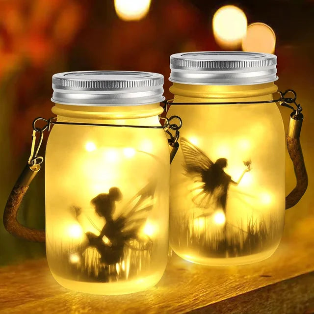 Glass Fairy Lamp - Solar Mason Jar Lantern, IP65 Waterproof Outdoor Hanging Light - Warm