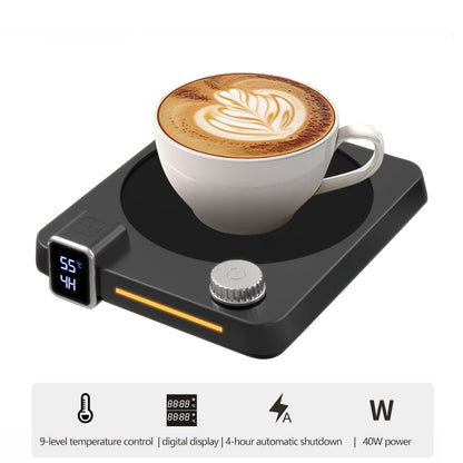 Stylish coffee cup heater pad with 9-speed temperature settings, LED display, and automatic shut-off, perfect for home or office use.