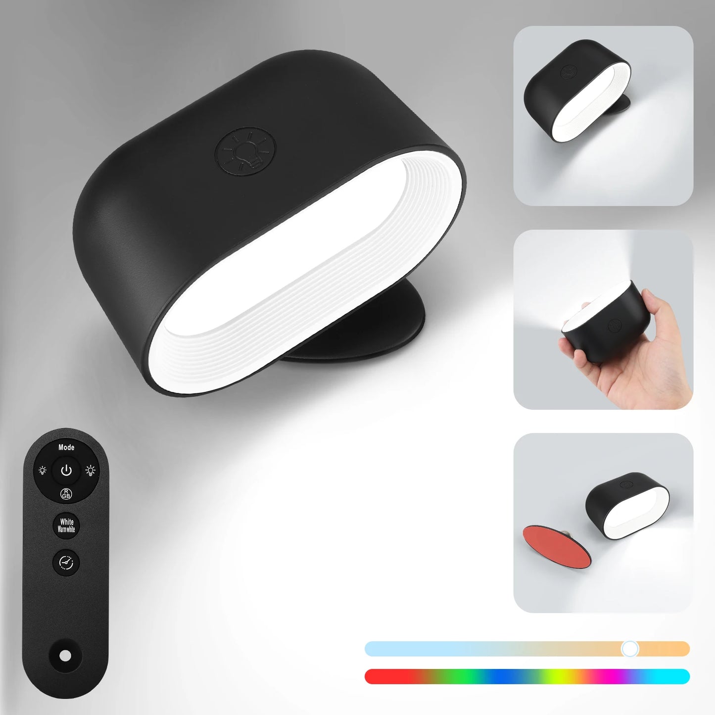 Remote Control Dimmable Reading Lamp - 360° Rotating RGB Touch Wall Light - Black