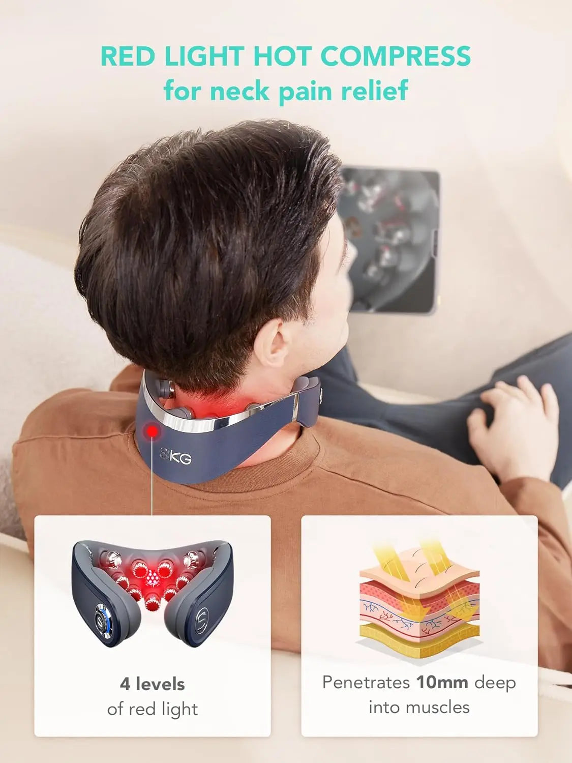 SKG G7 PRO Fold Cordless Neck Massager – Heat, Red Light Therapy & Deep Tissue Vibration