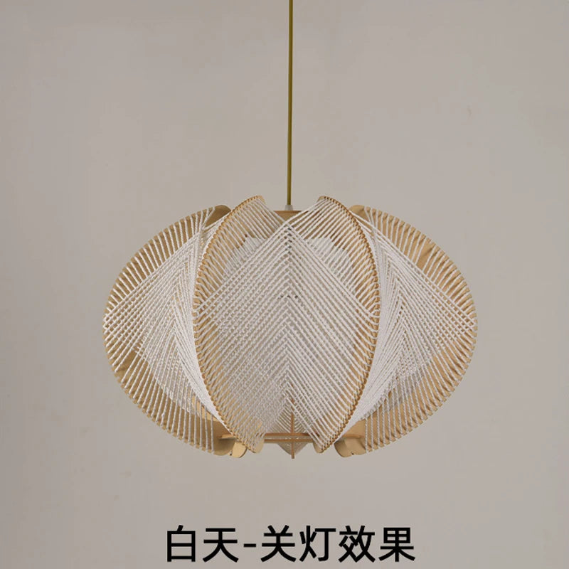 Modern Wood Hemp Rope Chandelier – Retro E27 Lamp for Bedroom and Bar - A