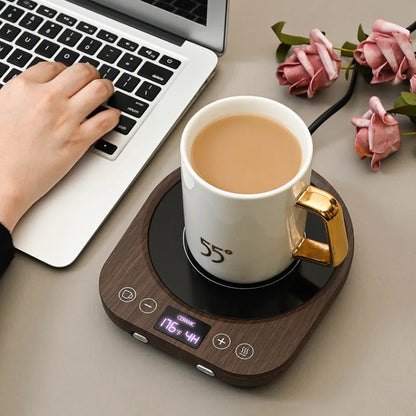 Elegant coffee mug warmer plate with adjustable temperature control, timer, and wood-grain design, ideal for hot drinks at home or office.