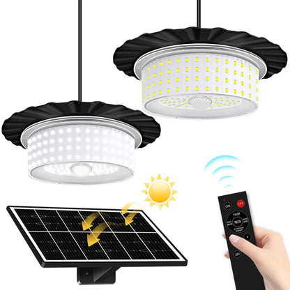 Portable solar pendant light with 244 LEDs, remote control, and 360° illumination, ideal for indoor and outdoor use in sheds, patios, or gazebos.