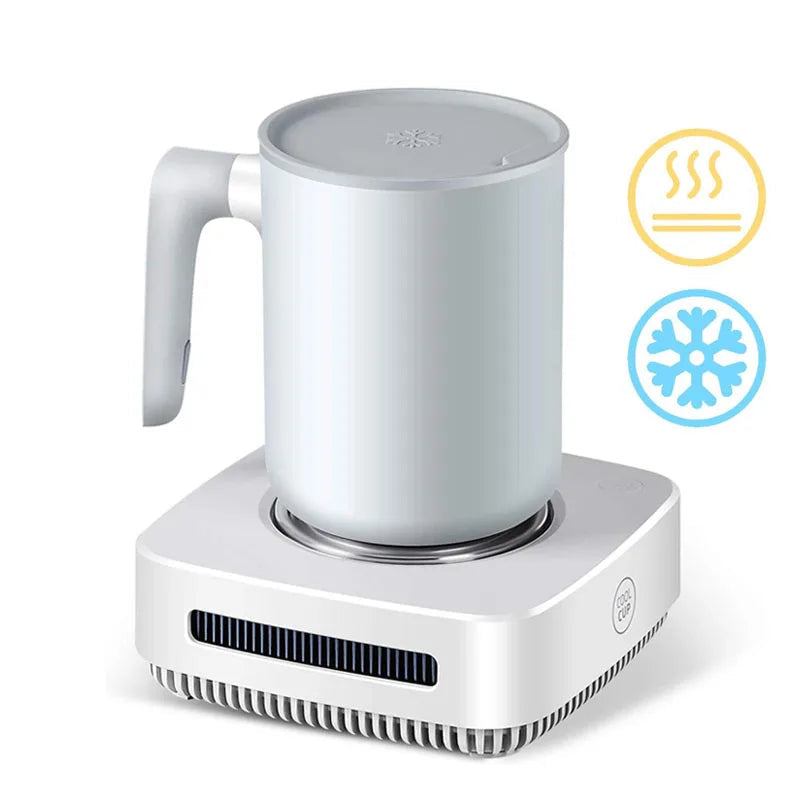 2-in-1 mug warmer and cooler with sleek design, offering dual-function heating and cooling for beverages like coffee, tea, milk, or beer.