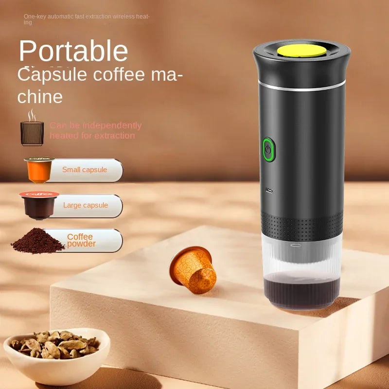 Portable wireless espresso maker with 3-in-1 compatibility for capsules and ground coffee, ideal for travel, camping, and home use.