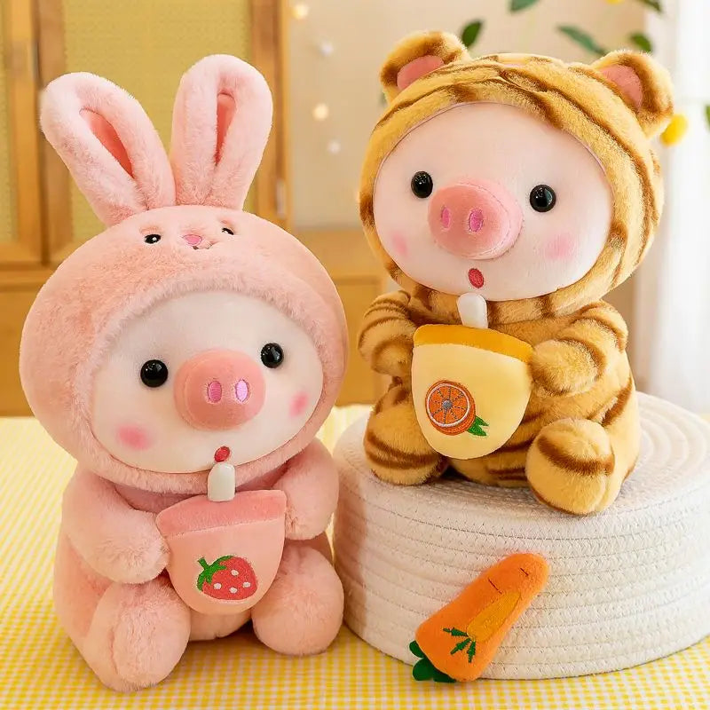 Bubble tea plush toy featuring bunny and tiger-themed designs holding bubble tea cups, perfect as a cuddly pillow or gift for kids.