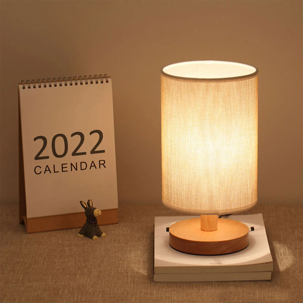 Royaleva USB Bedside Table Lamp with Wooden Base and Cylinder Shade - A