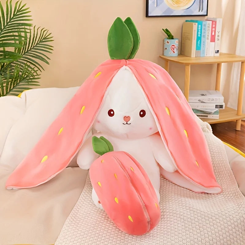 Reversible bunny plush doll featuring carrot and strawberry themes, soft and cuddly material, perfect as a toy, pillow, or decoration.