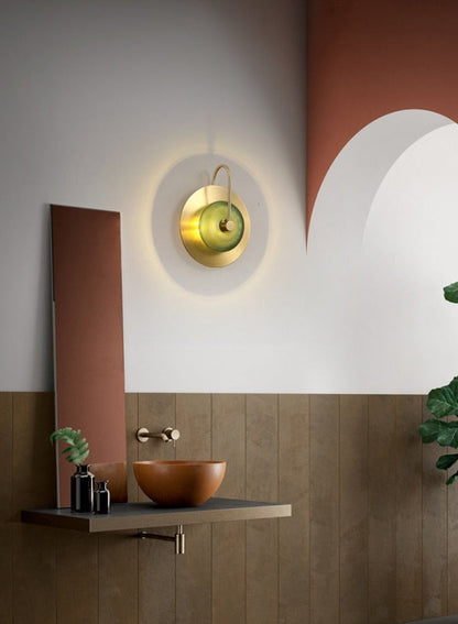 RoyaleGlow Elegant Circular Glass Wall Sconce for Radiant Illumination - Single Green Gold