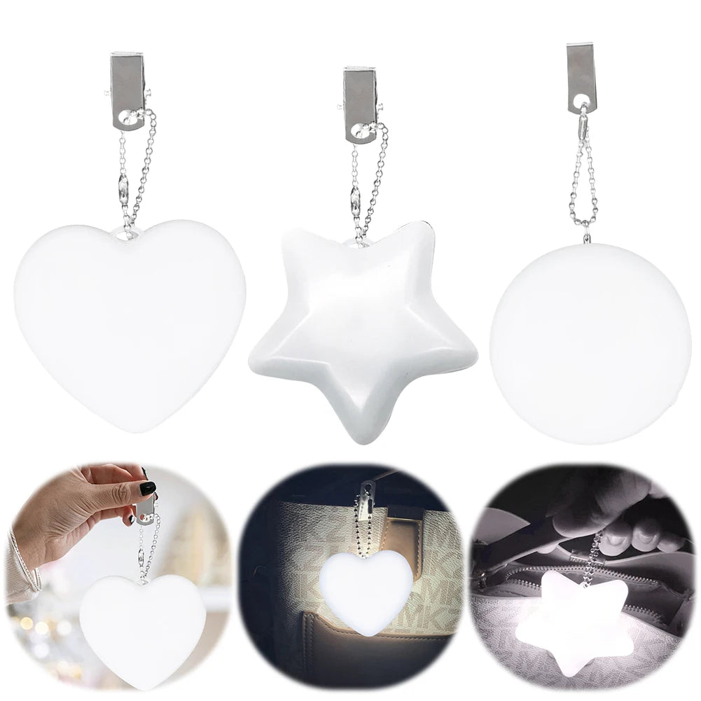 LED Handbag Light Keychain in heart, star, and round shapes with touch sensor and keychain design for convenient handbag lighting.