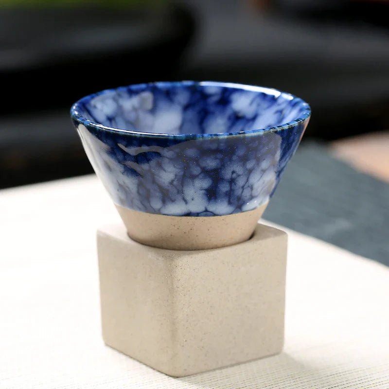 Royaleva Vintage Espresso Cups - Handcrafted Cone Shape with Ceramic Holder - Dark Blue