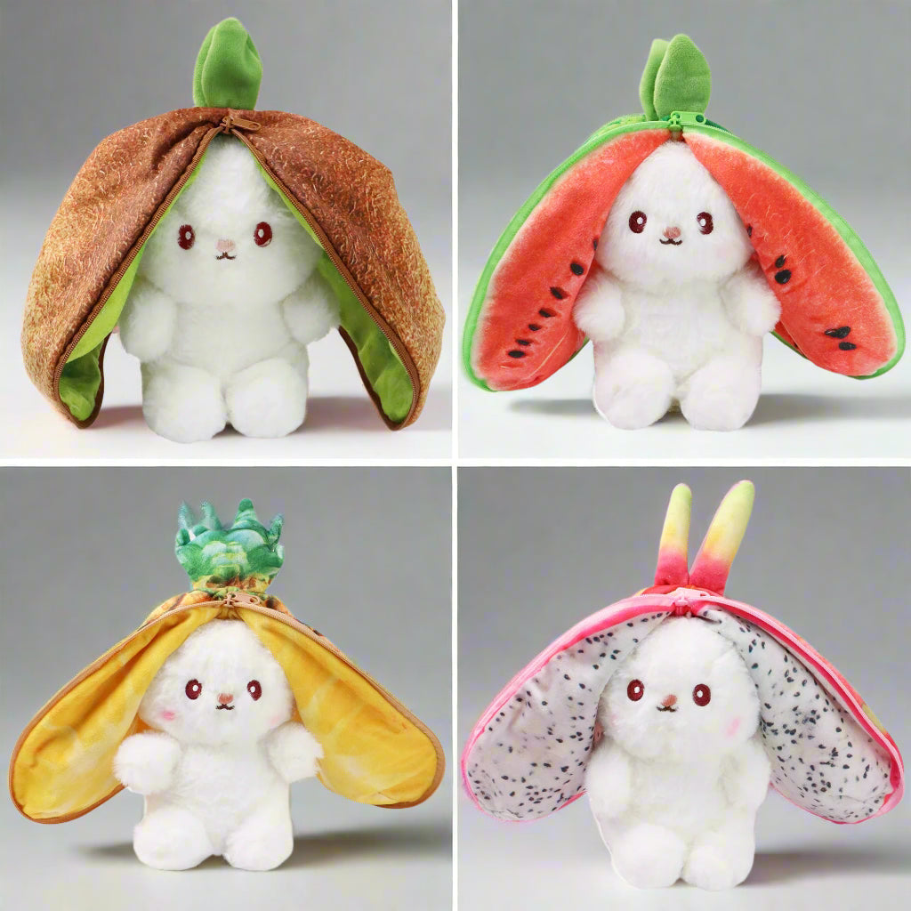 Fruit bunny plush toy featuring watermelon, pineapple, dragon fruit, and durian covers, soft and cuddly, perfect for kids and collectors.