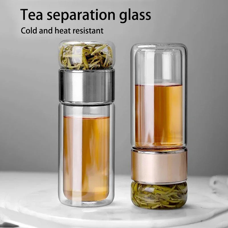 Glass tea infuser bottle with double-layer design and integrated tea filter, perfect for brewing loose-leaf tea on-the-go.