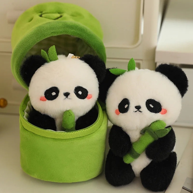 10cm bamboo panda plush pendant featuring a fluffy panda holding bamboo, ideal for bags, keychains, and gifts.