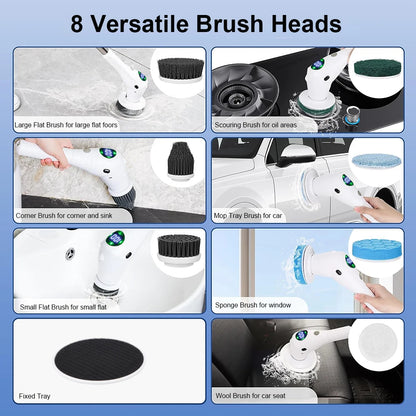 Electric Cleaning Brush – 8-in-1 Wireless Rotatable Brush with Adjustable Speeds & LED Display