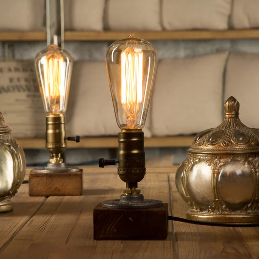 Vintage industrial wood desk lamp with exposed Edison bulb, perfect for rustic home decor.