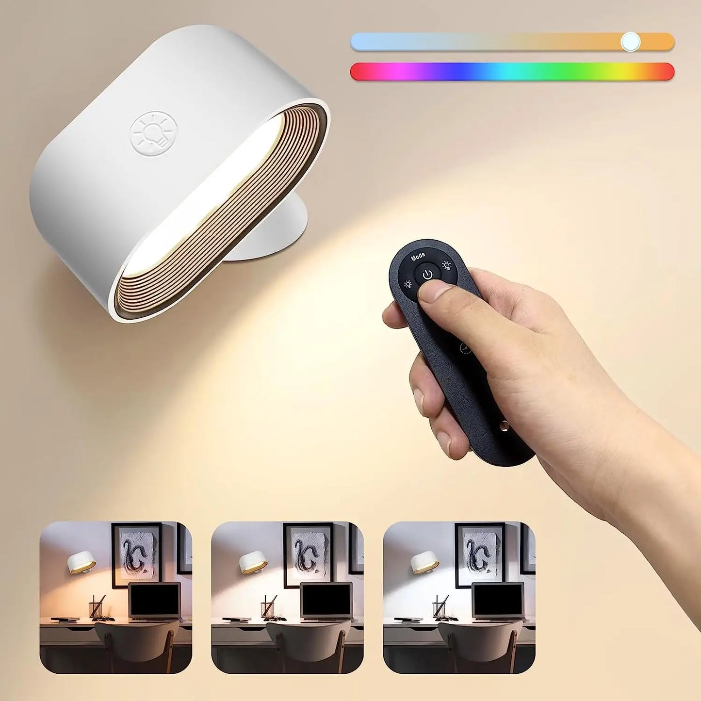 Remote Control Dimmable Reading Lamp - 360° Rotating RGB Touch Wall Light - Black