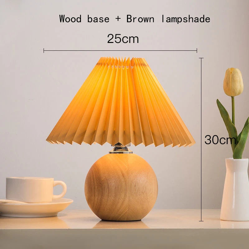 Vintage pleated table lamp with ceramic base and tricolored LED bulb, ideal for bedroom night light decor