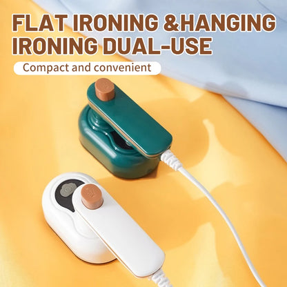 Portable handheld steam iron with dual-use functionality for flat and hanging ironing, ideal for travel and home use.