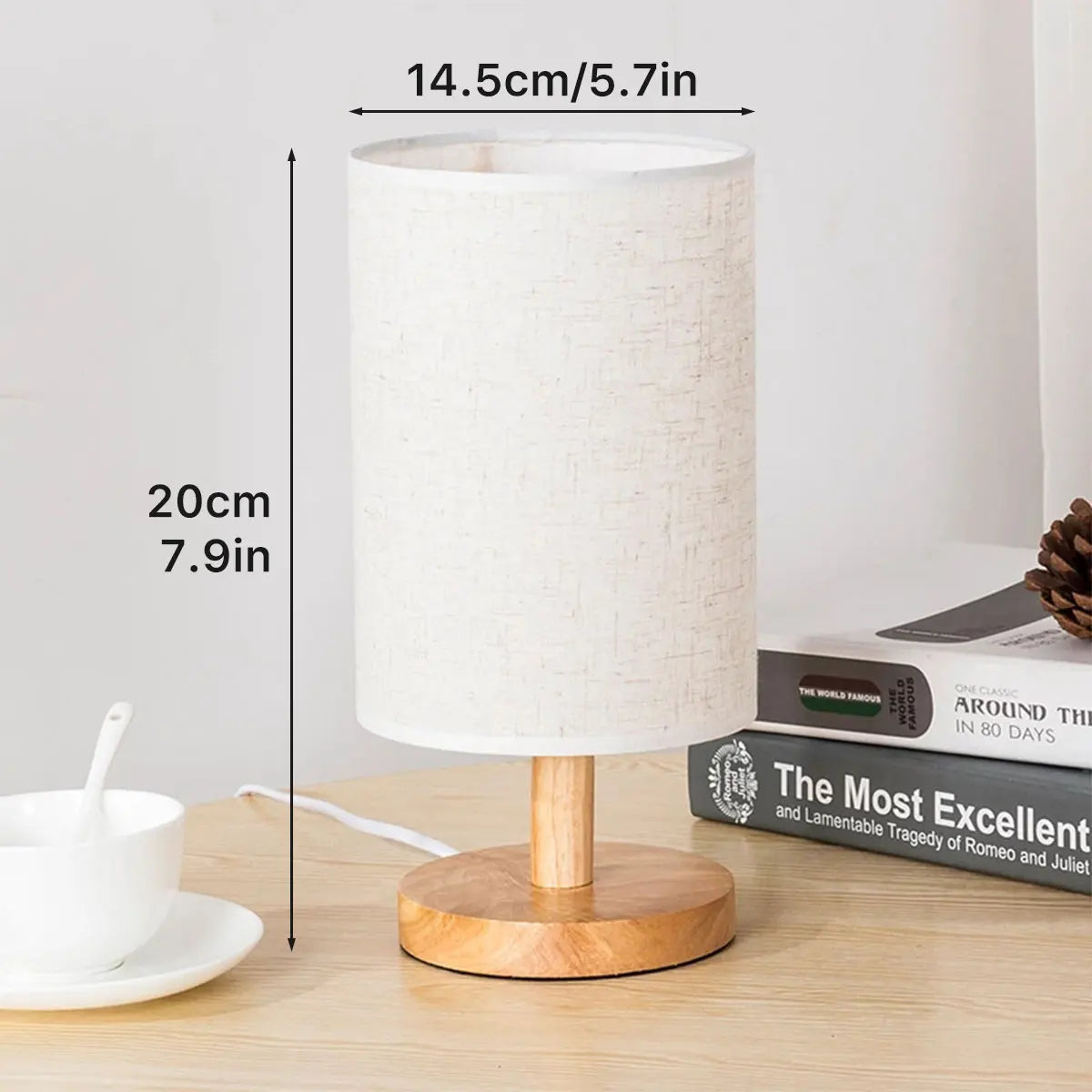 Royaleva USB Bedside Table Lamp with Wooden Base and Cylinder Shade - A