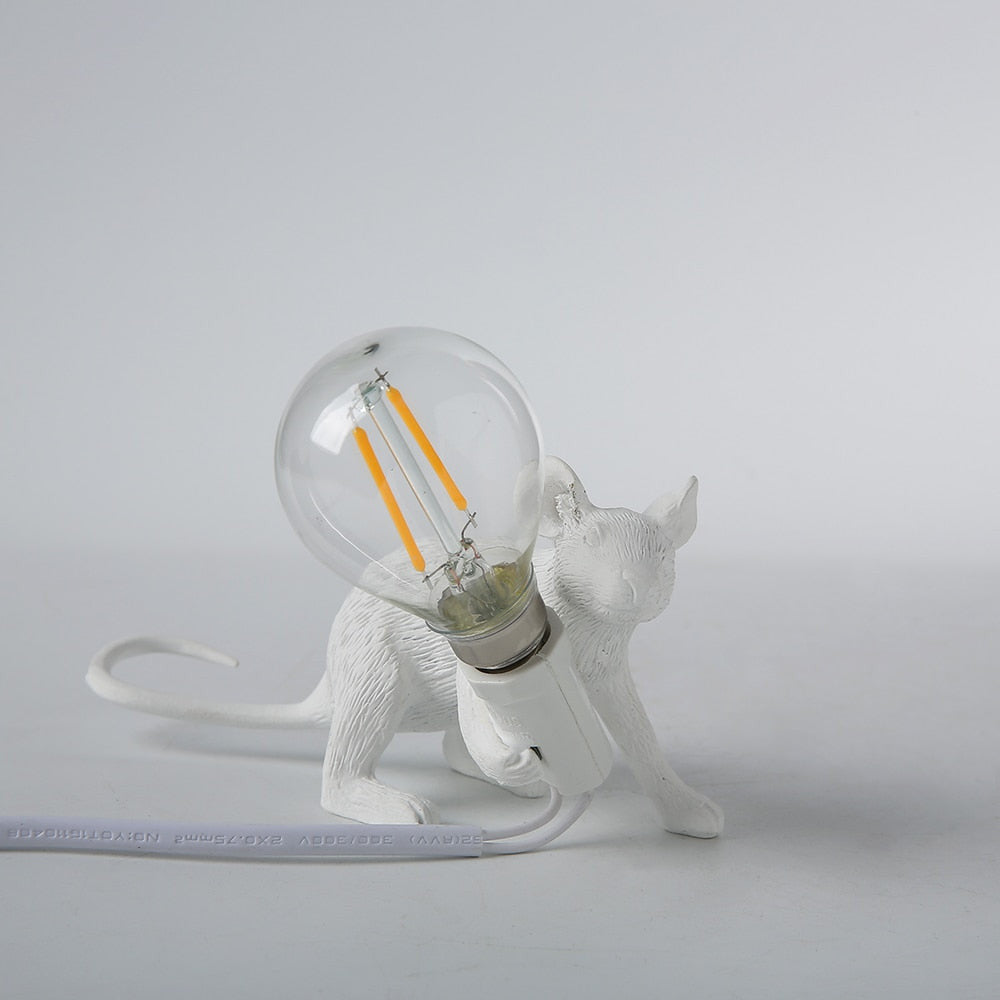 Royaleva Say Cheese Mouse Table Lamp - Artistic Resin LED Light Decor - White Kneeling