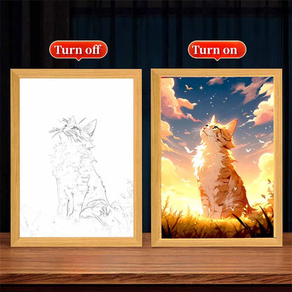 RoyaleGlow Cat LED Night Light Frame - Adorable 3-Color Dimmable Painting Lamp