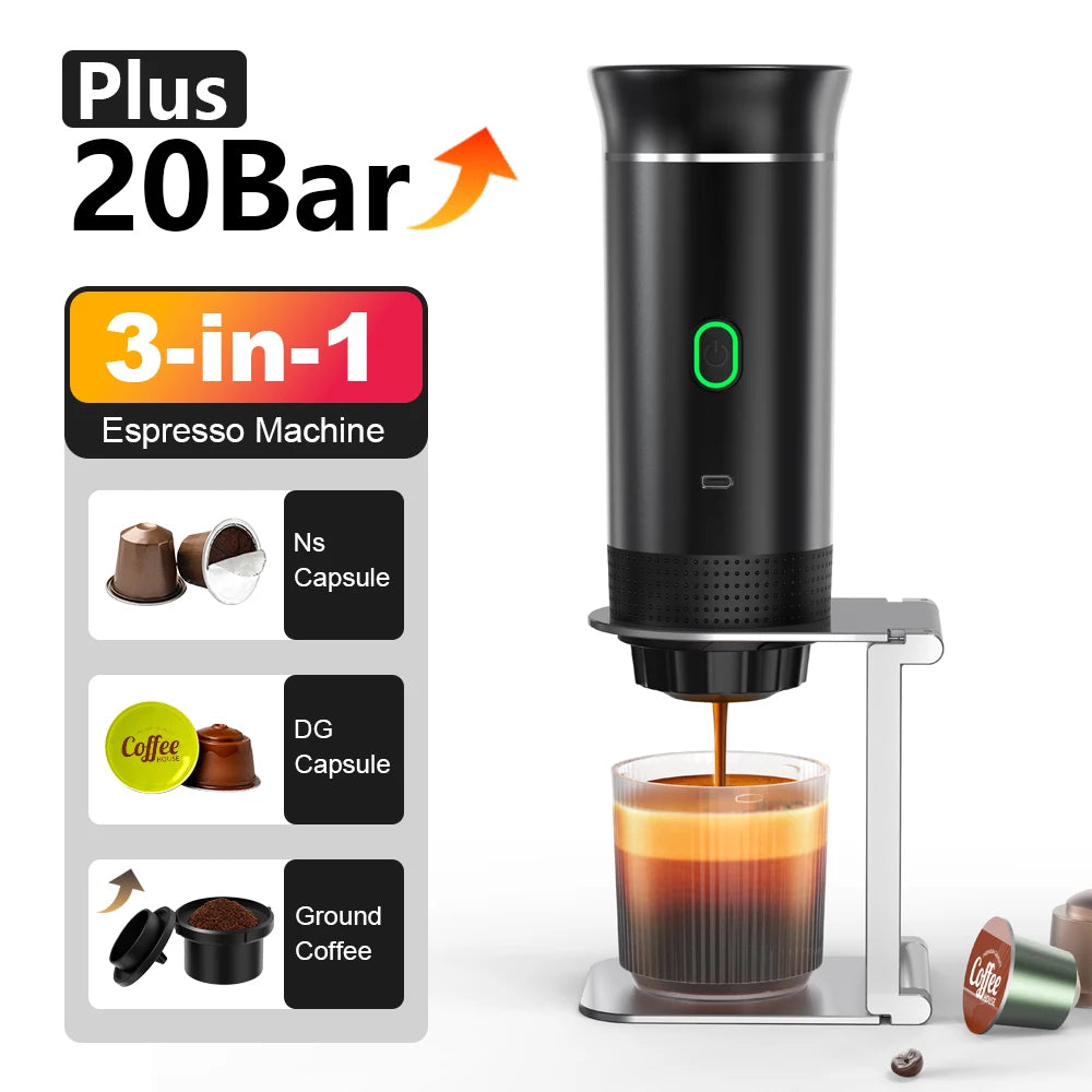 Wireless portable espresso coffee maker with stainless steel tank, 20-bar pressure, and 3-in-1 compatibility for travel and home use.