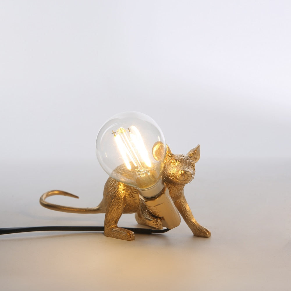 Royaleva Say Cheese Mouse Table Lamp - Artistic Resin LED Light Decor - Gold Kneeling