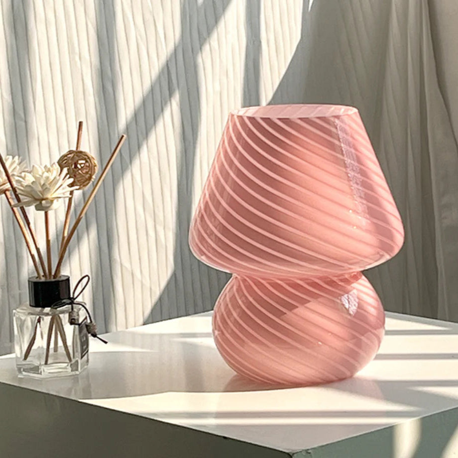 Murano Glass Mushroom Lamp – Vintage Pink LED Light for Cozy Ambience