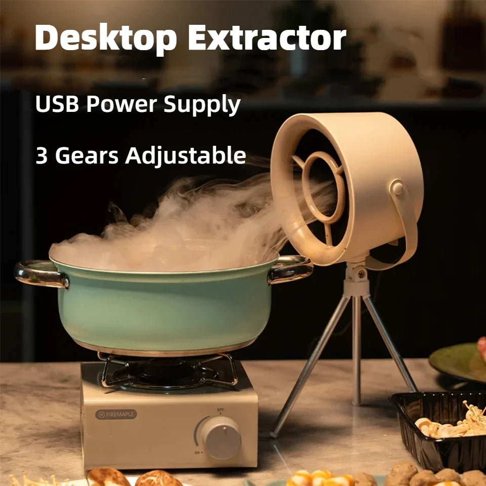 Portable kitchen exhaust fan with compact design, USB power supply, 3-speed adjustable settings, and low-noise operation.