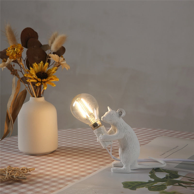 Royaleva Say Cheese Mouse Table Lamp - Artistic Resin LED Light Decor - White Standing